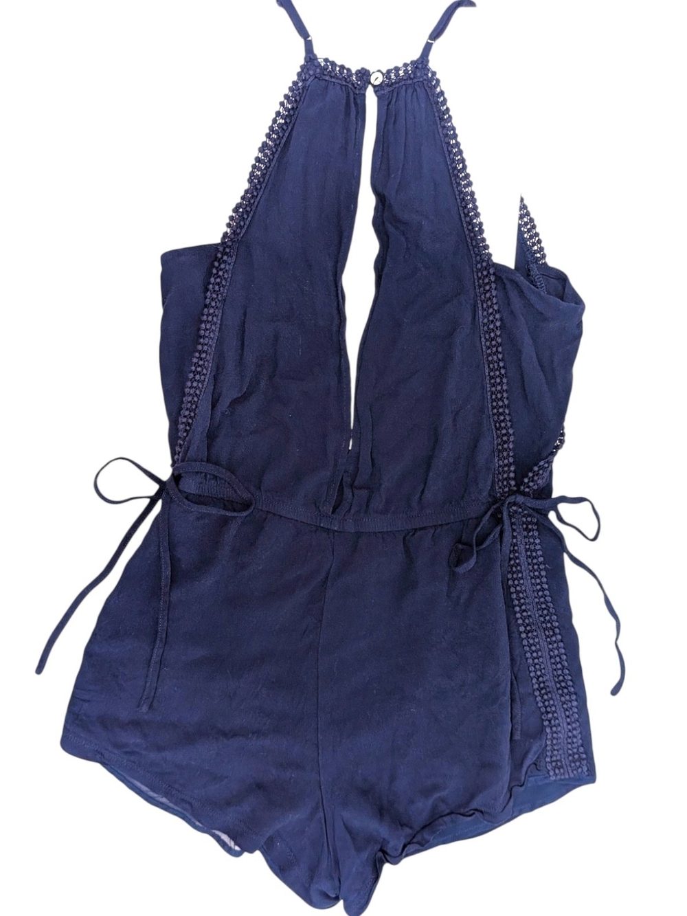 RARE Forever 21 Romper Navy Shorts Suit with Crochet Trim Side Bows Adjustable S